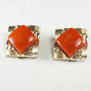 Vintage Red Stone in Gold/Silver Setting 3/4" Square Clip-on Earring